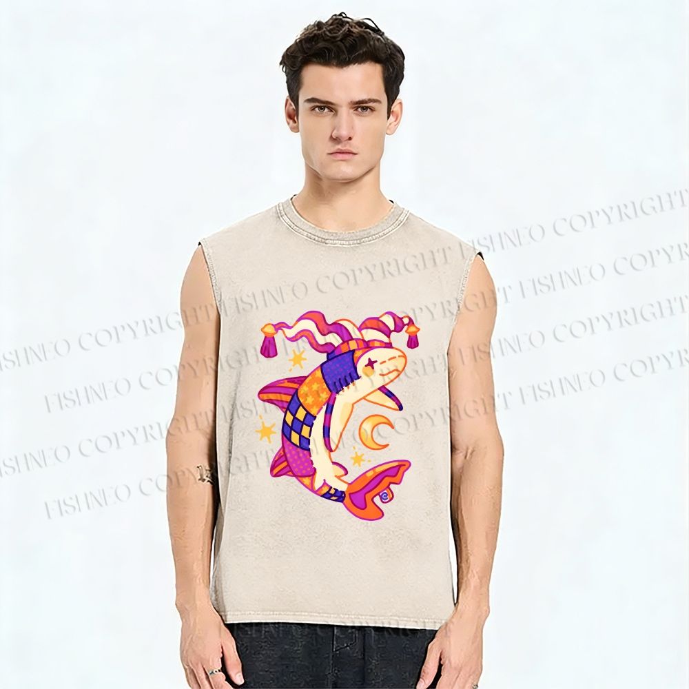 Unisex Circus Fish Printed Washed Tank Top