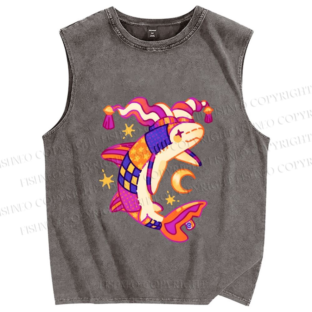 Unisex Circus Fish Printed Washed Tank Top