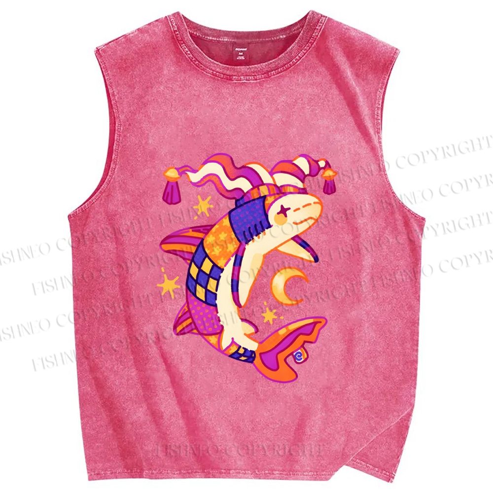 Unisex Circus Fish Printed Washed Tank Top