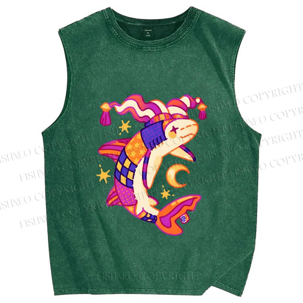 Unisex Circus Fish Printed Washed Tank Top