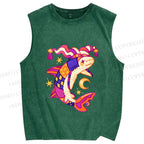 Unisex Circus Fish Printed Washed Tank Top