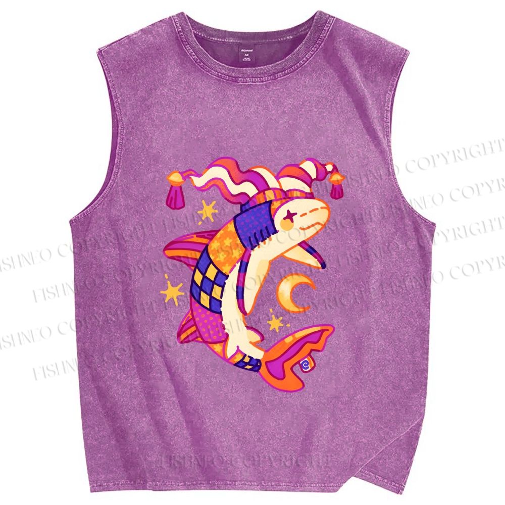 Unisex Circus Fish Printed Washed Tank Top