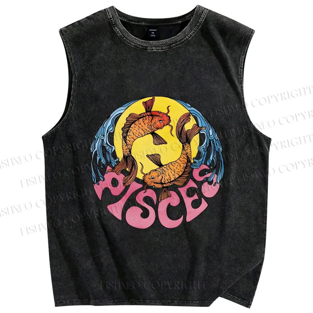 Unisex Koi Fish Pisces Printed Washed Tank Top