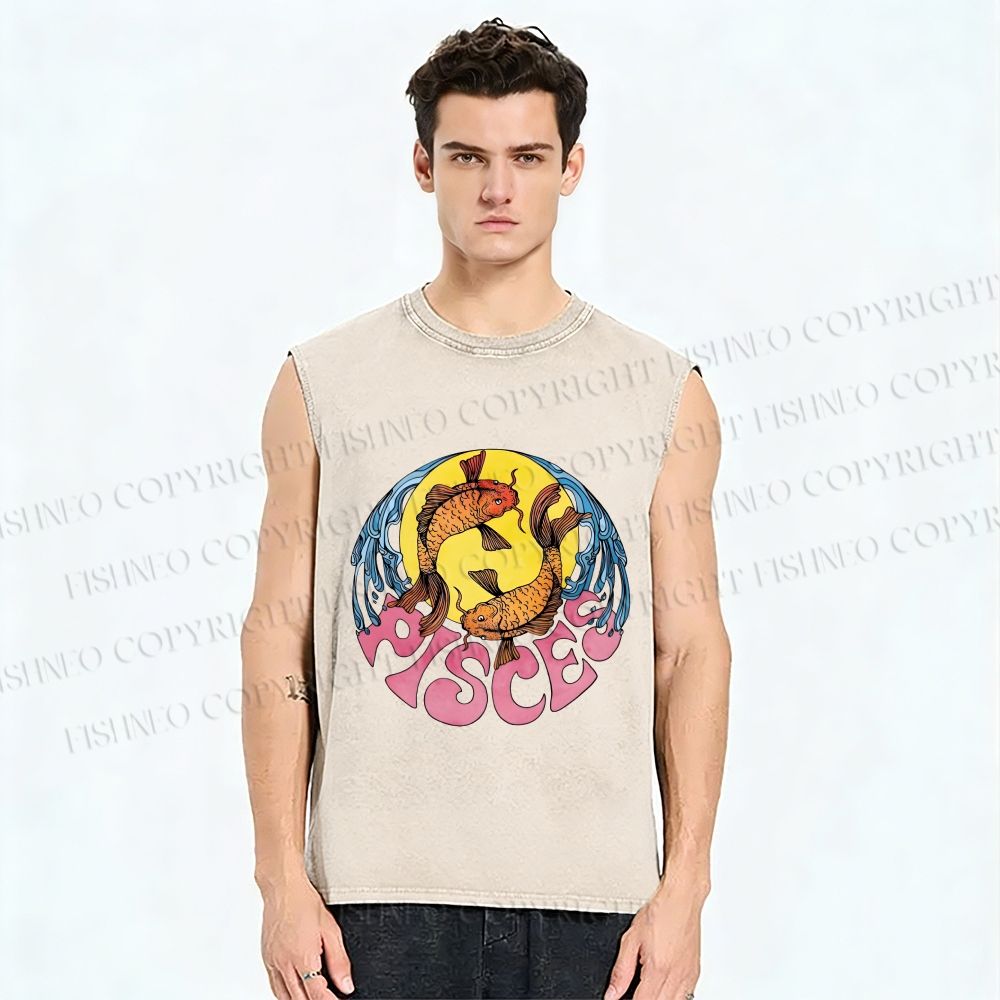 Unisex Koi Fish Pisces Printed Washed Tank Top