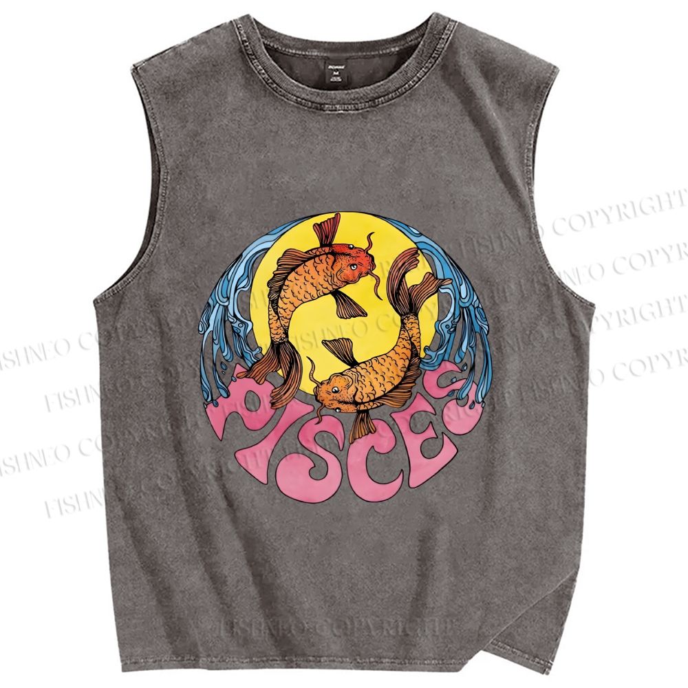 Unisex Koi Fish Pisces Printed Washed Tank Top