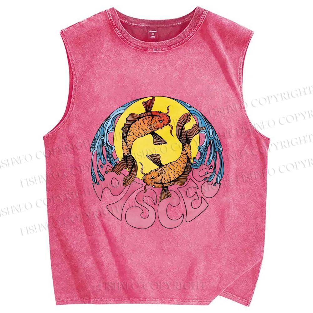 Unisex Koi Fish Pisces Printed Washed Tank Top