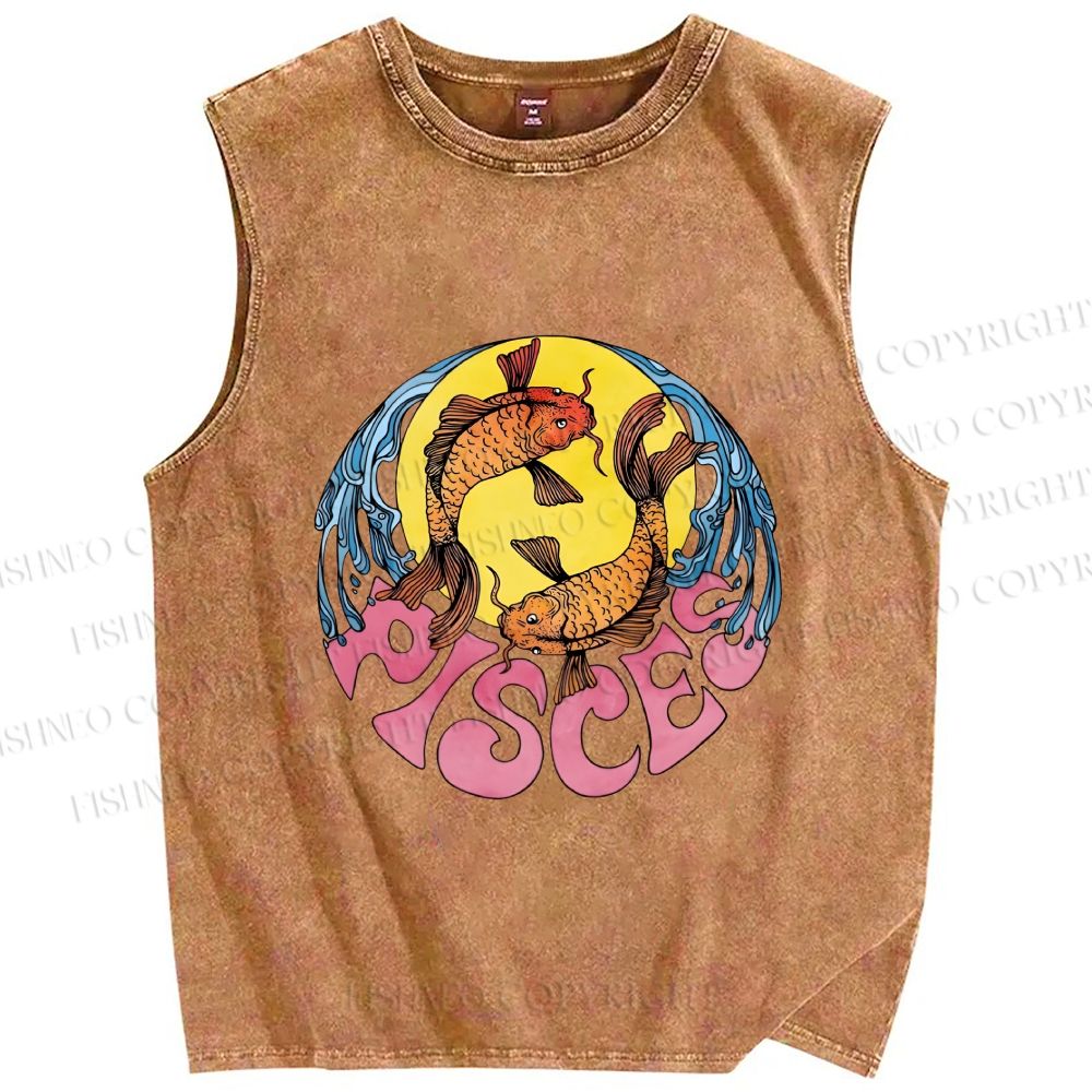 Unisex Koi Fish Pisces Printed Washed Tank Top