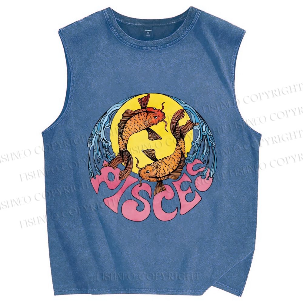 Unisex Koi Fish Pisces Printed Washed Tank Top
