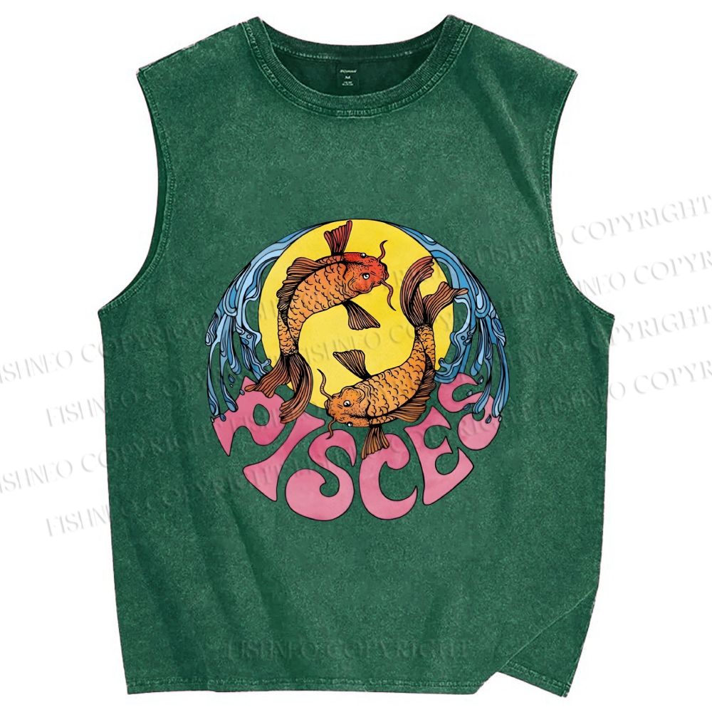 Unisex Koi Fish Pisces Printed Washed Tank Top