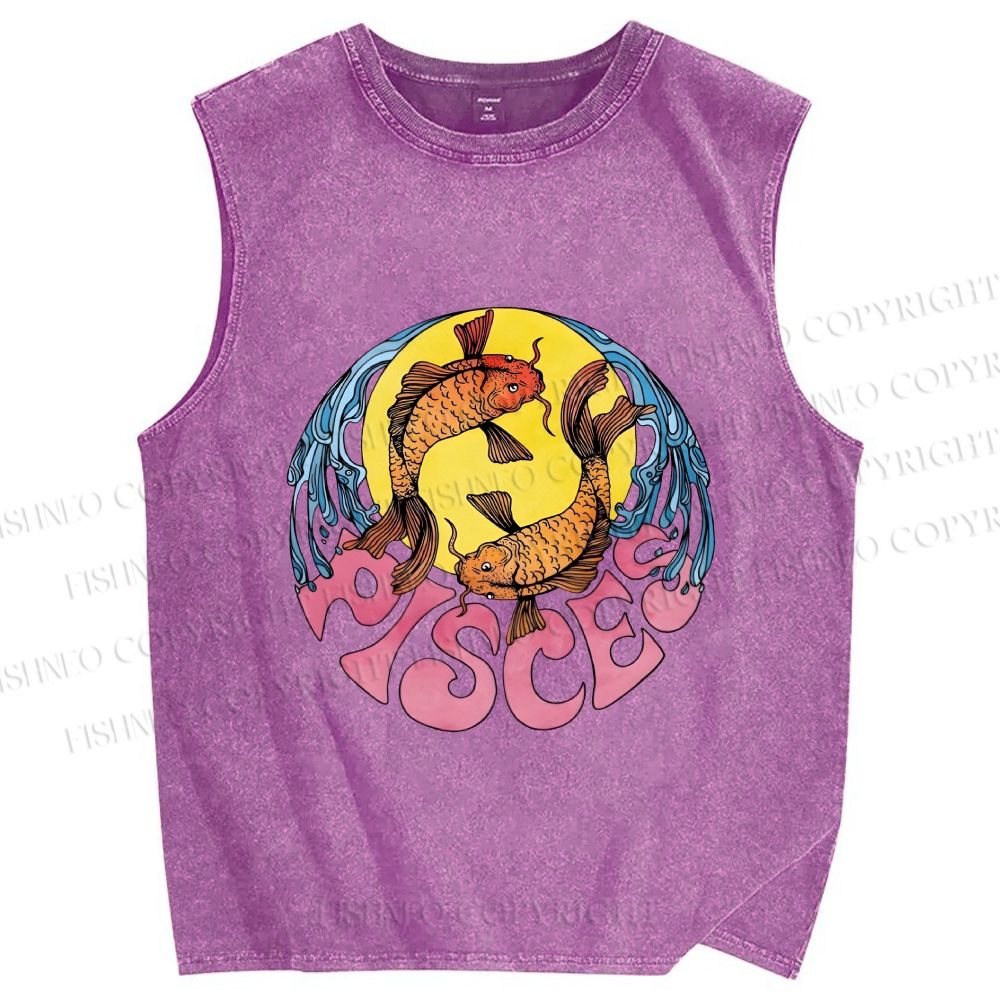Unisex Koi Fish Pisces Printed Washed Tank Top