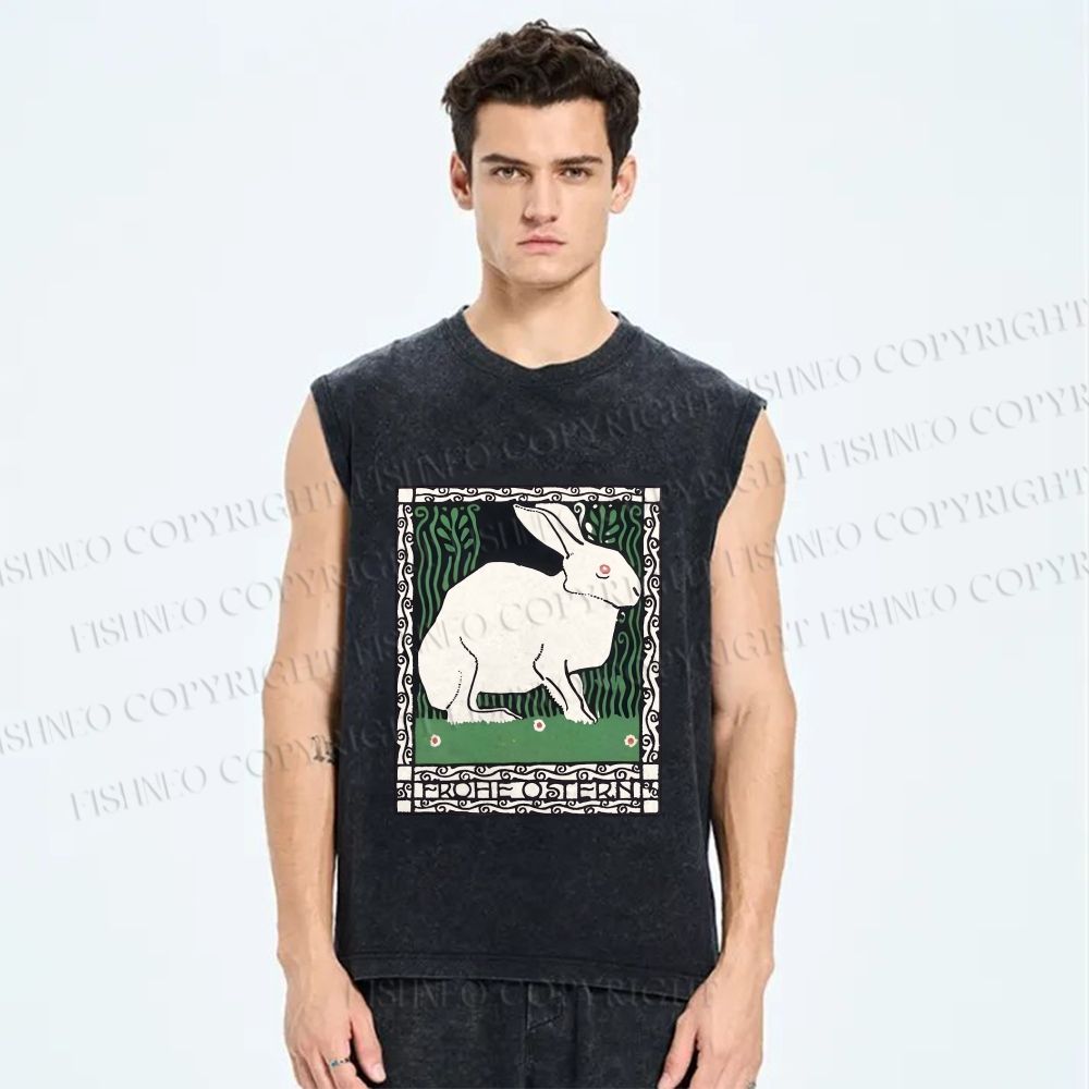 Unisex Vintage Rabbit Printed Washed Tank Top