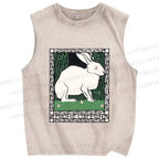 Unisex Vintage Rabbit Printed Washed Tank Top