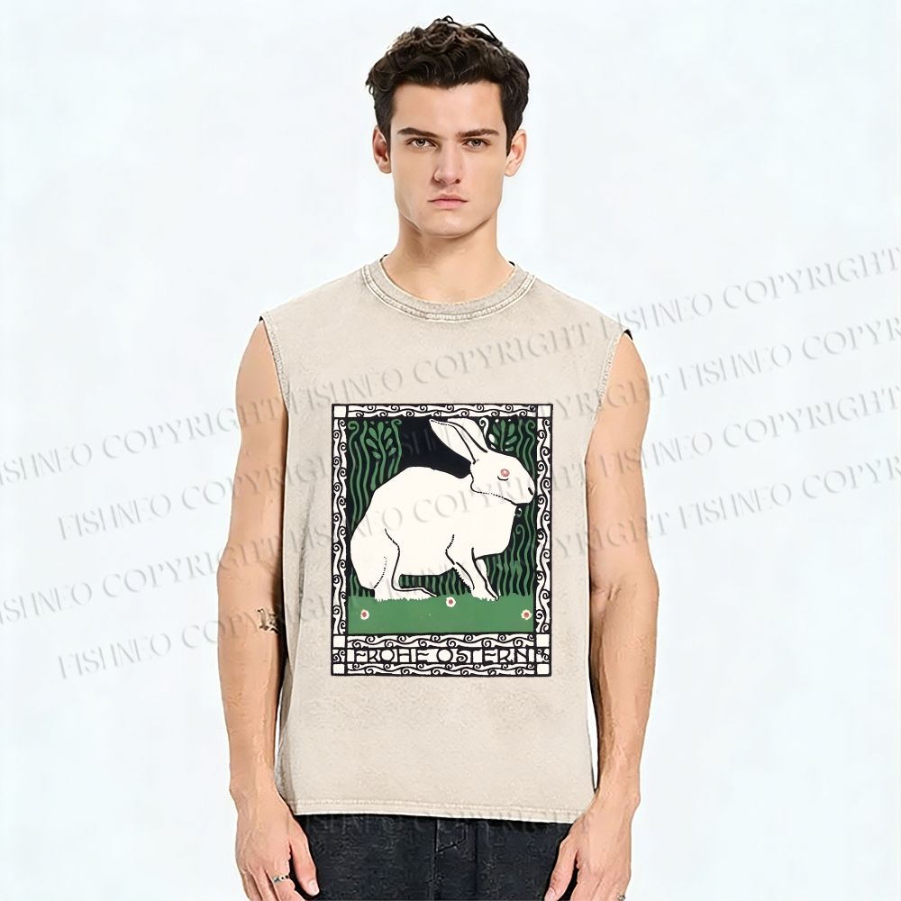 Unisex Vintage Rabbit Printed Washed Tank Top