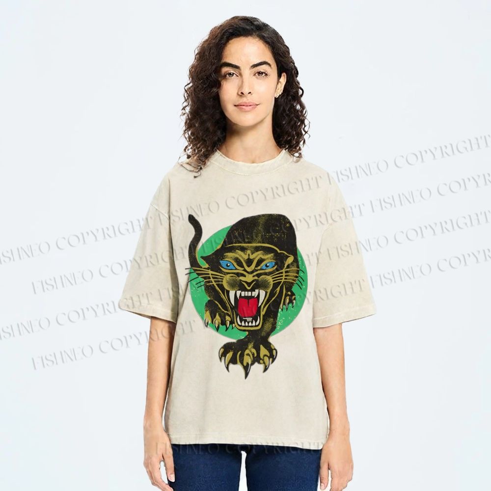 Unisex Panther Printed Washed Tee