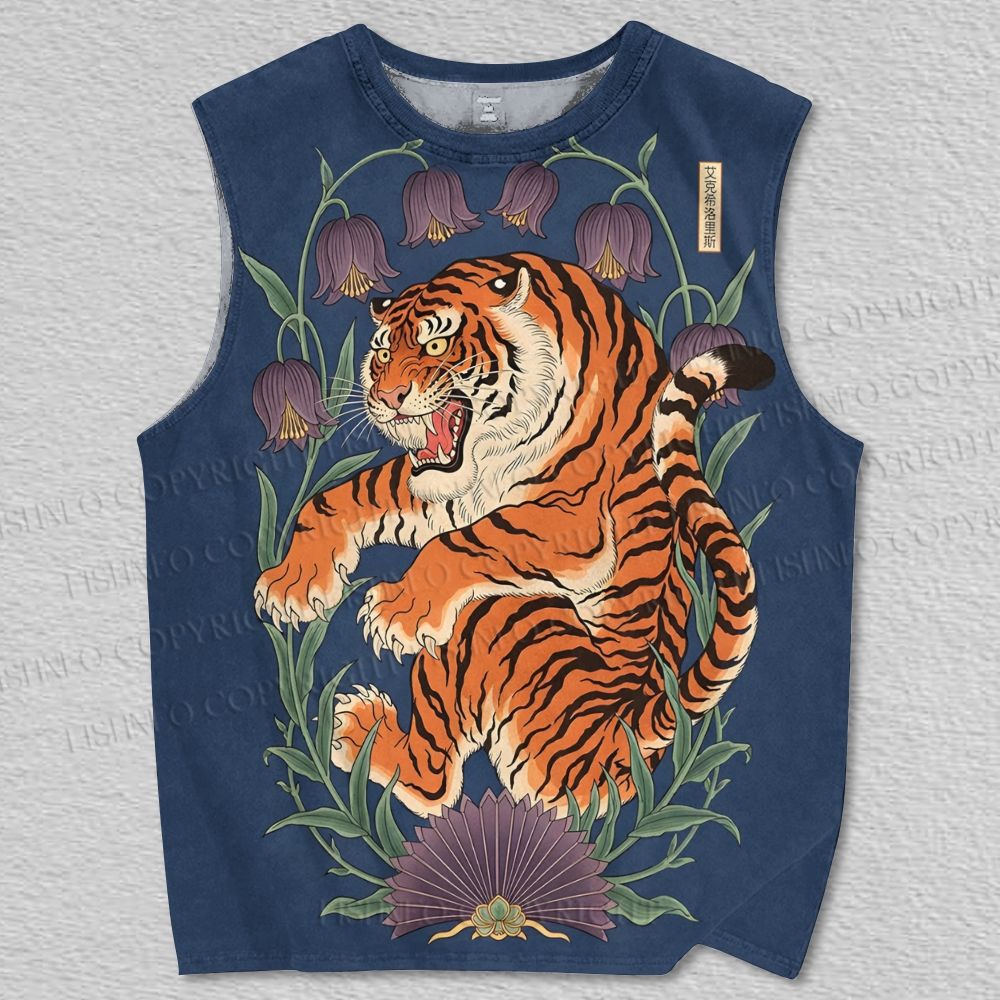 Unisex Flower Tiger Printed Tank Top