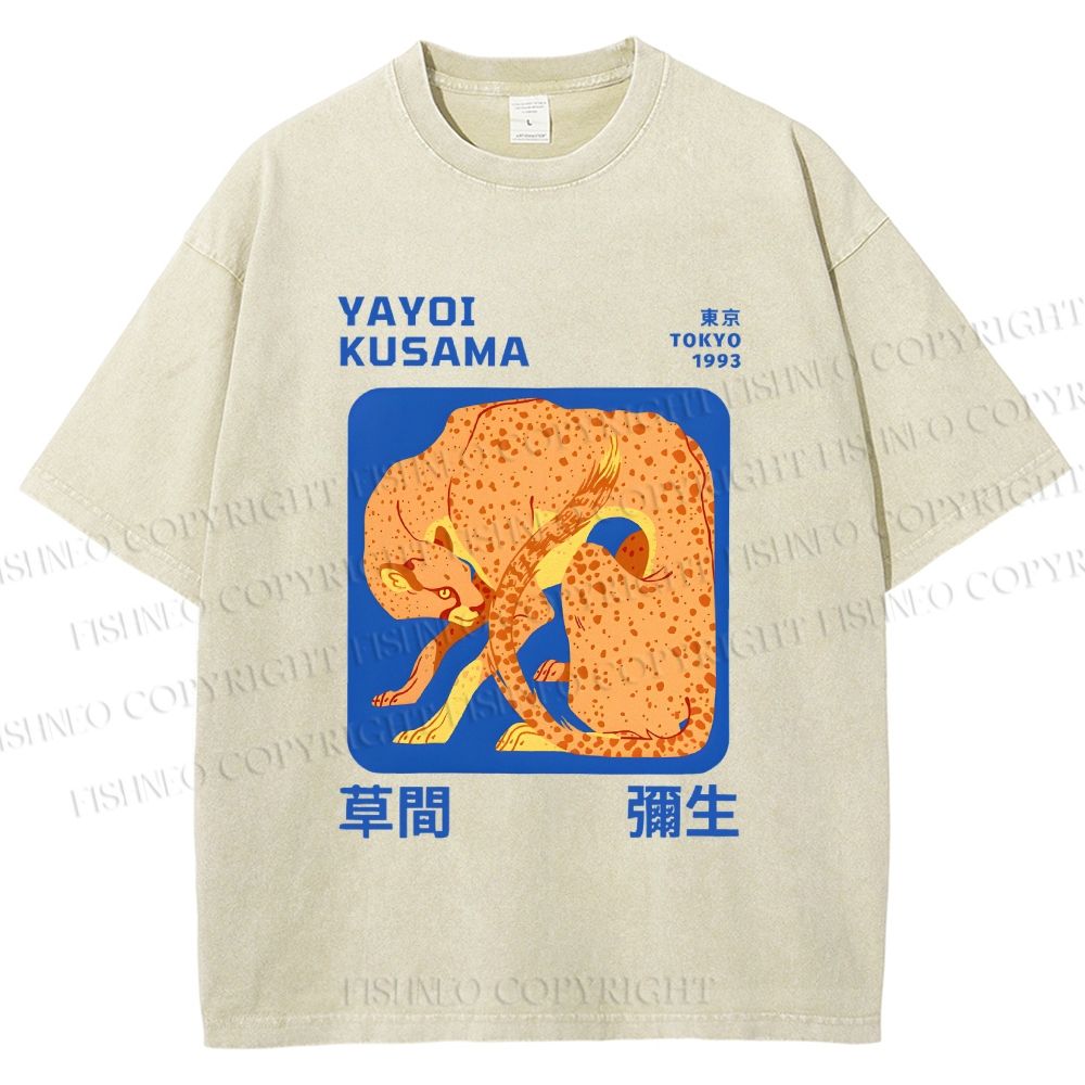 Unisex Yayoi Kusama Yellow Panther Printed Washed Tee