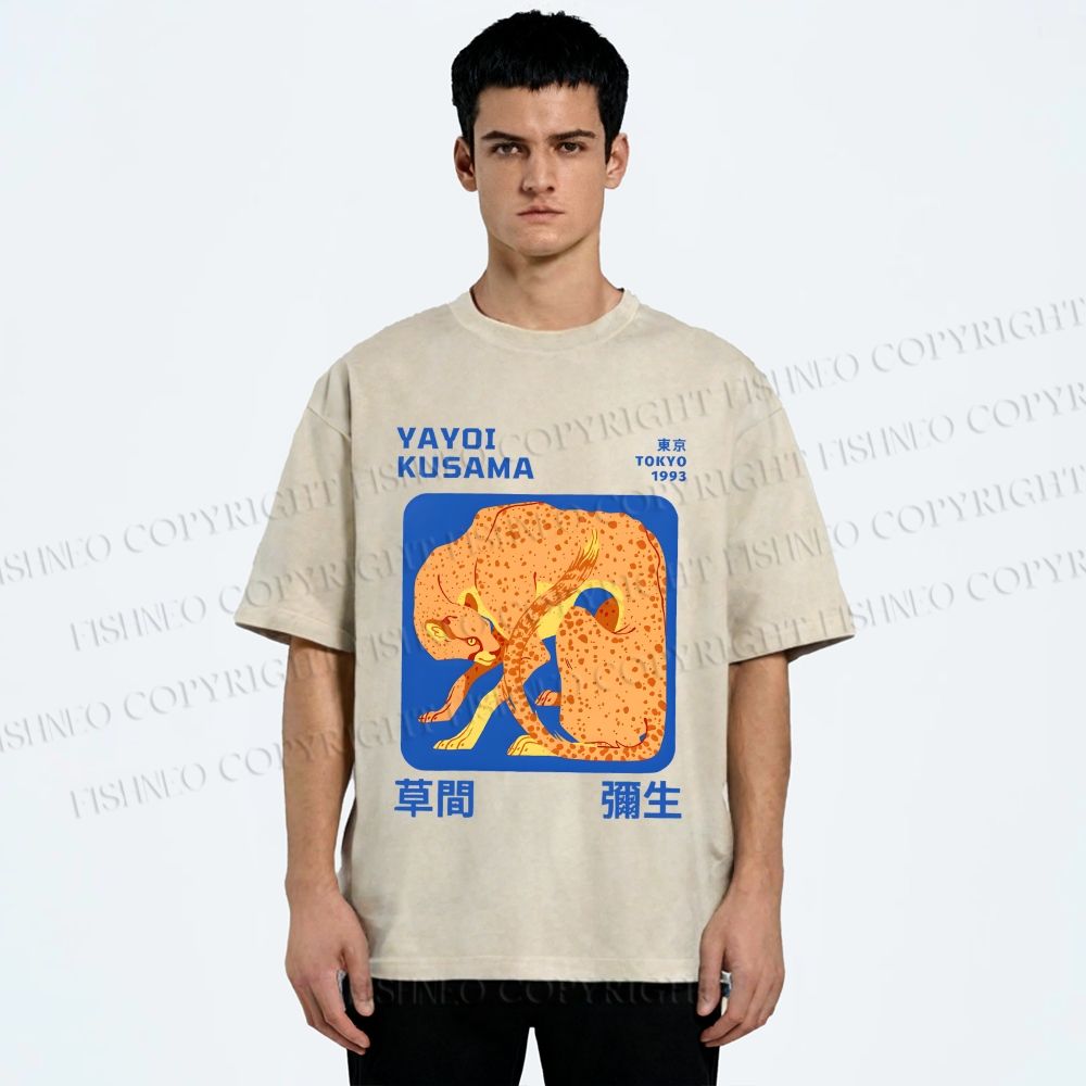 Unisex Yayoi Kusama Yellow Panther Printed Washed Tee