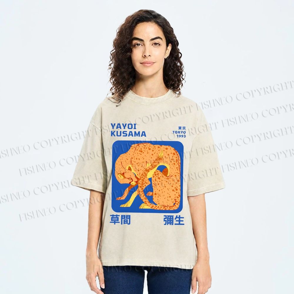 Unisex Yayoi Kusama Yellow Panther Printed Washed Tee