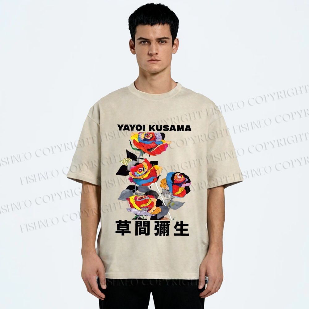 Unisex Yayoi Kusama Flowers With Dots Printed Washed Tee