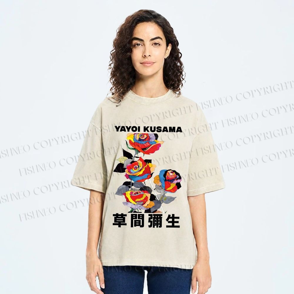 Unisex Yayoi Kusama Flowers With Dots Printed Washed Tee