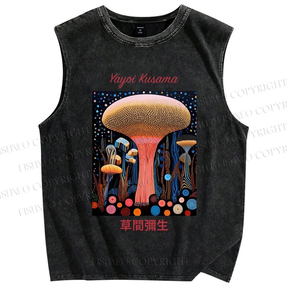 Unisex Yayoi Kusama Polka Dot Mushroom Printed Washed Tank Top