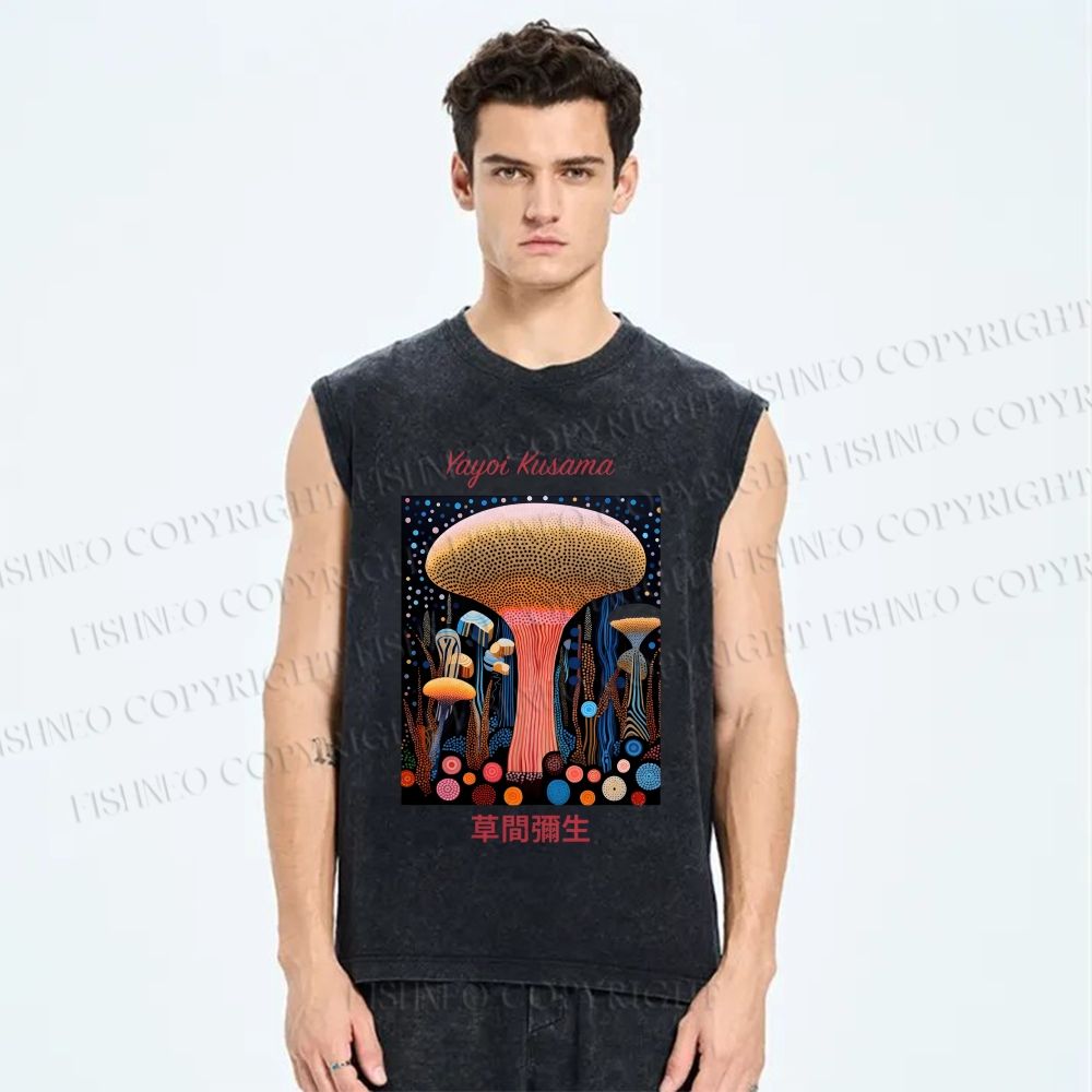 Unisex Yayoi Kusama Polka Dot Mushroom Printed Washed Tank Top