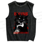 Unisex Biting Black Cat Printed Washed Tank Top