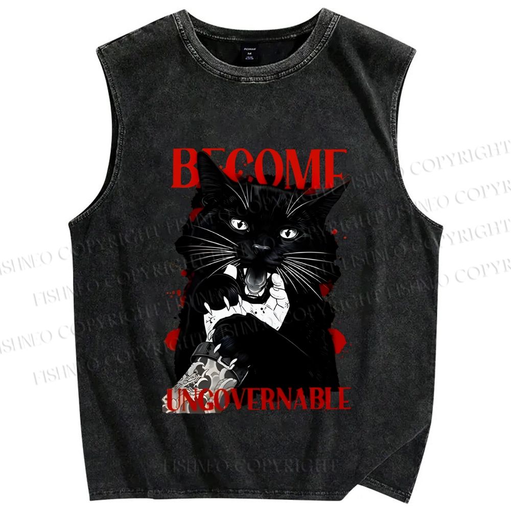 Unisex Biting Black Cat Printed Washed Tank Top