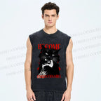 Unisex Biting Black Cat Printed Washed Tank Top