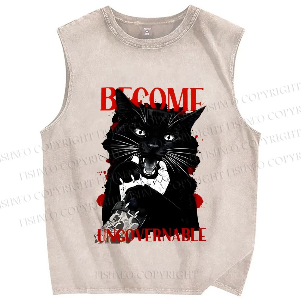 Unisex Biting Black Cat Printed Washed Tank Top