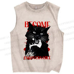 Unisex Biting Black Cat Printed Washed Tank Top