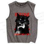 Unisex Biting Black Cat Printed Washed Tank Top
