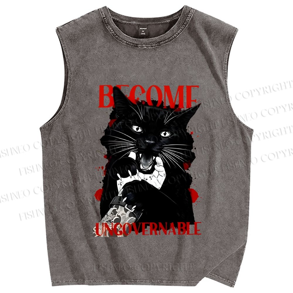 Unisex Biting Black Cat Printed Washed Tank Top