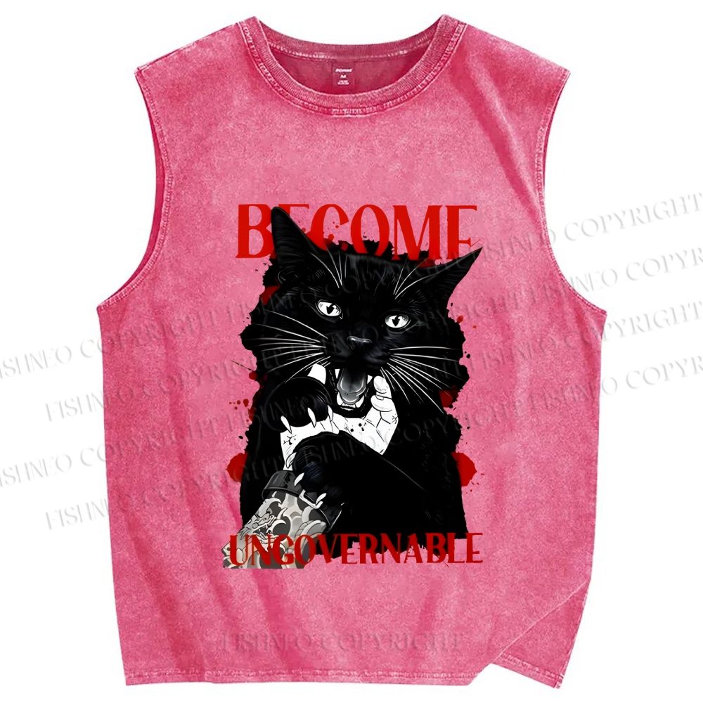 Unisex Biting Black Cat Printed Washed Tank Top