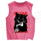 Unisex Biting Black Cat Printed Washed Tank Top
