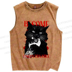 Unisex Biting Black Cat Printed Washed Tank Top