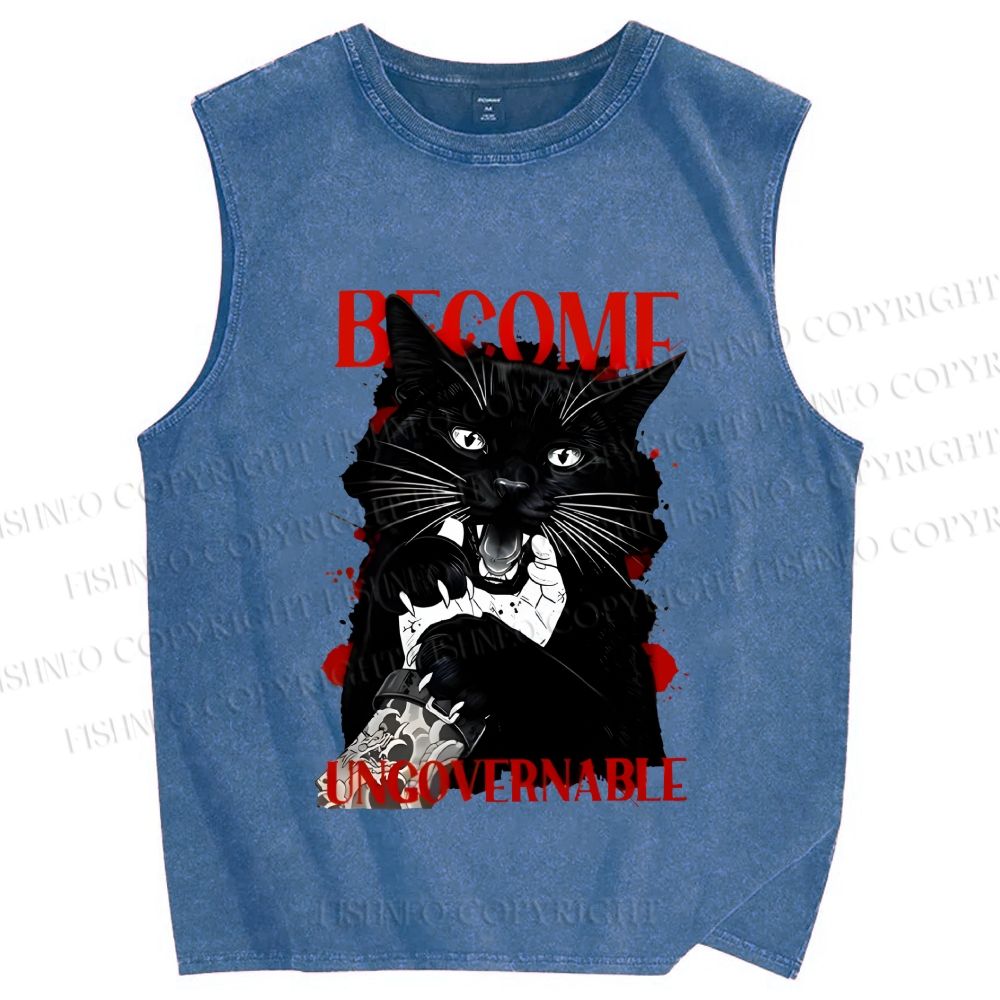 Unisex Biting Black Cat Printed Washed Tank Top