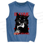 Unisex Biting Black Cat Printed Washed Tank Top