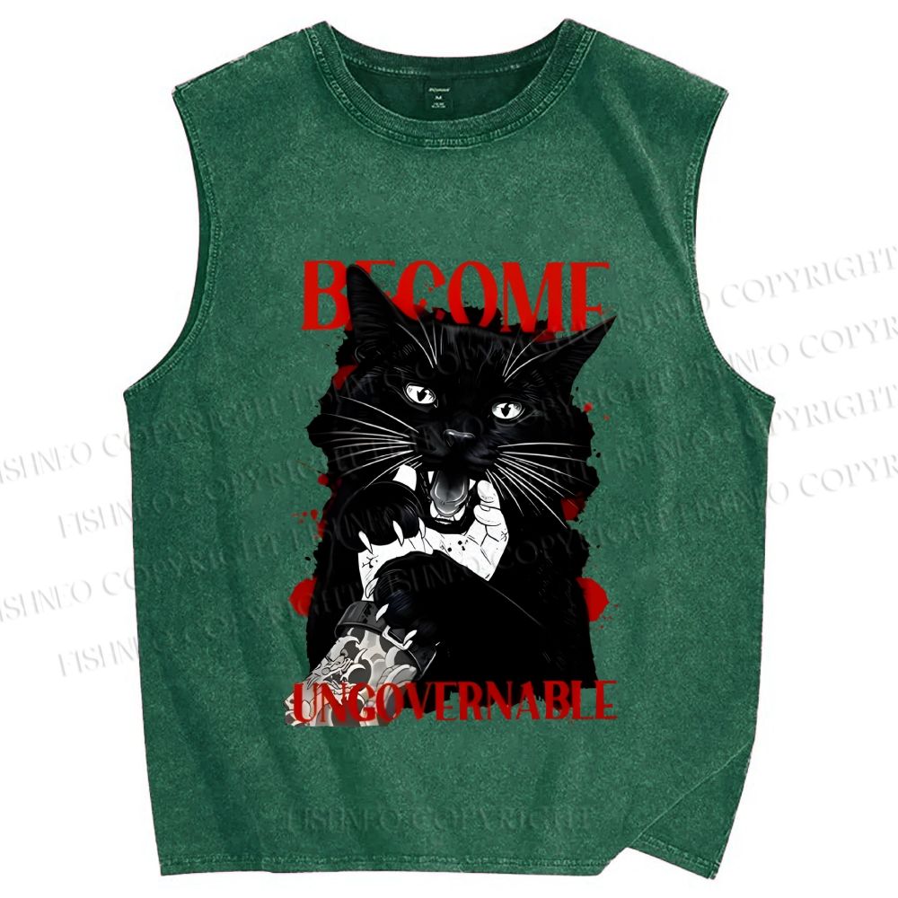 Unisex Biting Black Cat Printed Washed Tank Top