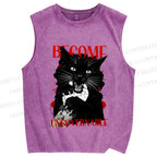 Unisex Biting Black Cat Printed Washed Tank Top