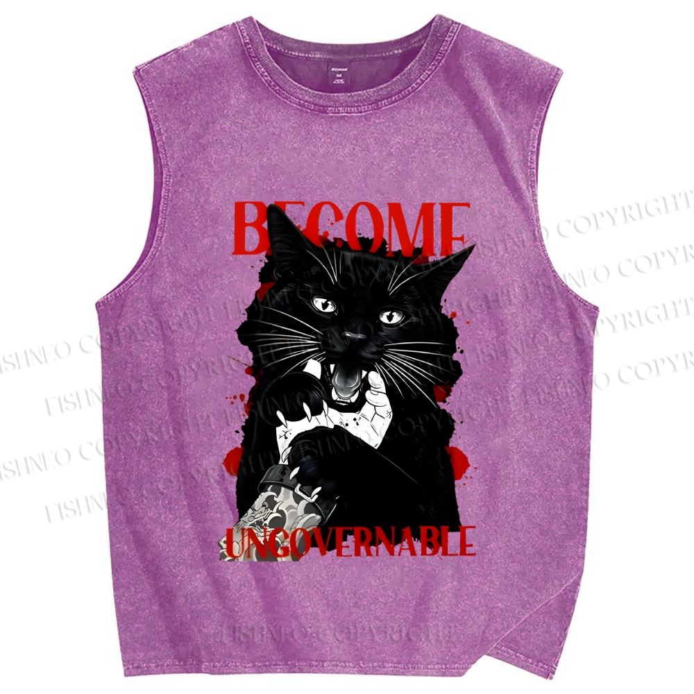 Unisex Biting Black Cat Printed Washed Tank Top