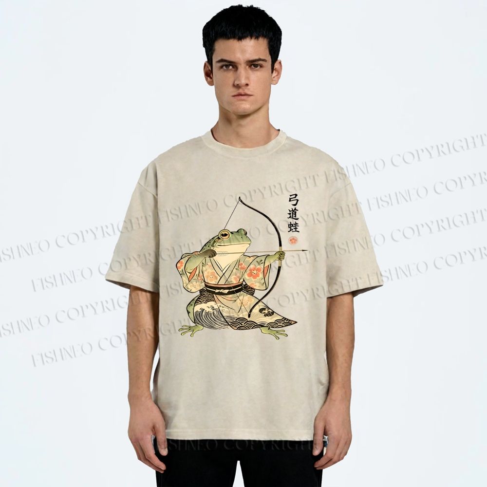 Unisex Japanese Bow And Arrow Frog Printed Washed Tee