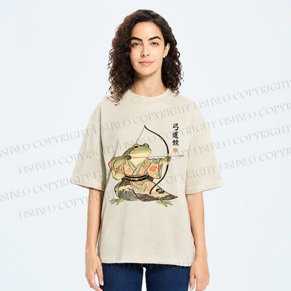 Unisex Japanese Bow And Arrow Frog Printed Washed Tee