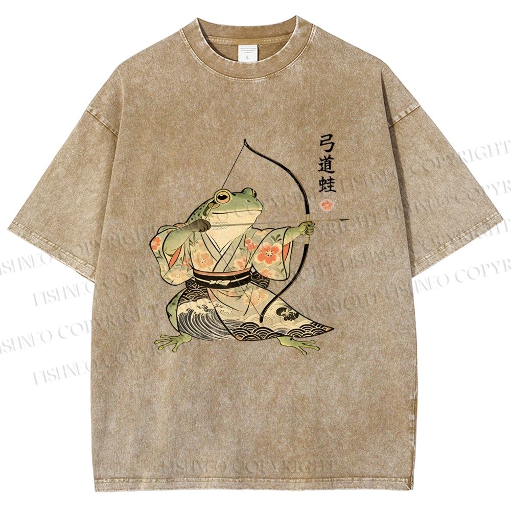 Unisex Japanese Bow And Arrow Frog Printed Washed Tee