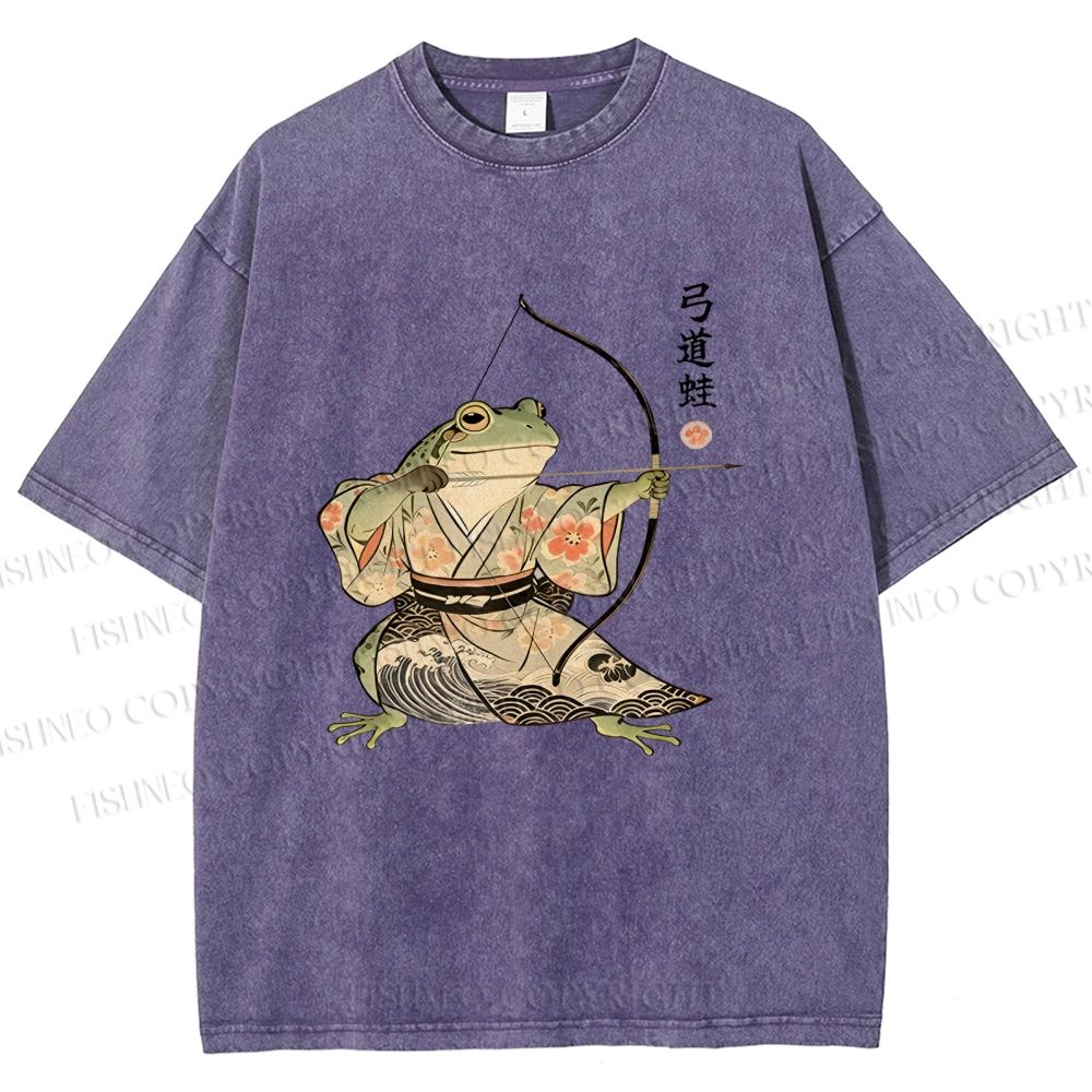 Unisex Japanese Bow And Arrow Frog Printed Washed Tee