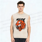Unisex Meow Tiger Printed Washed Tank Top