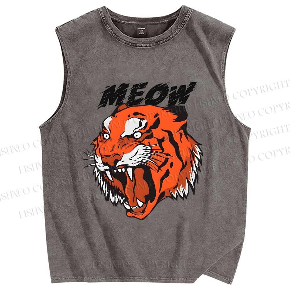 Unisex Meow Tiger Printed Washed Tank Top
