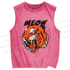 Unisex Meow Tiger Printed Washed Tank Top