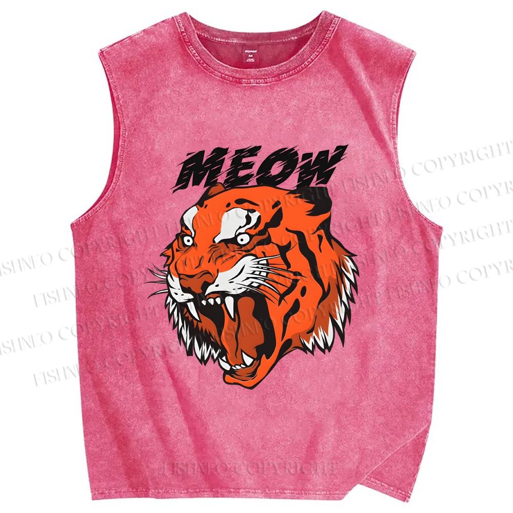 Unisex Meow Tiger Printed Washed Tank Top