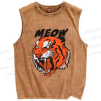 Unisex Meow Tiger Printed Washed Tank Top